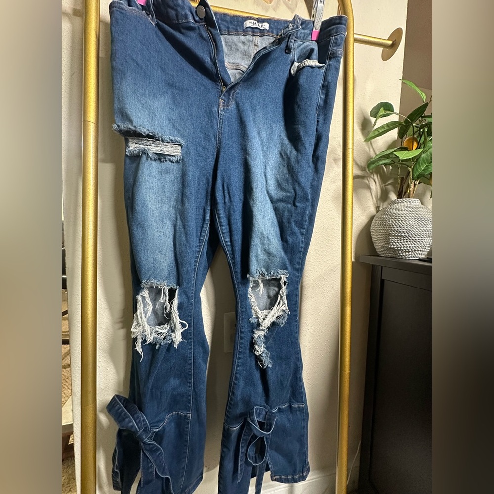 Distressed Blue Flare Jeans with Jean bow